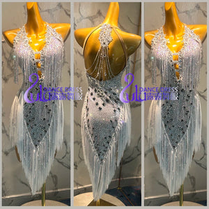 Women's Silver Rhinestone Fringe Halter Latin Dance Dress