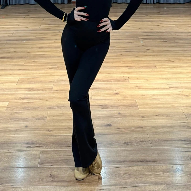 Women's Black Long Sleeve Mock Neck Thumbhole Leotard and Leggings Set, Latin Dance