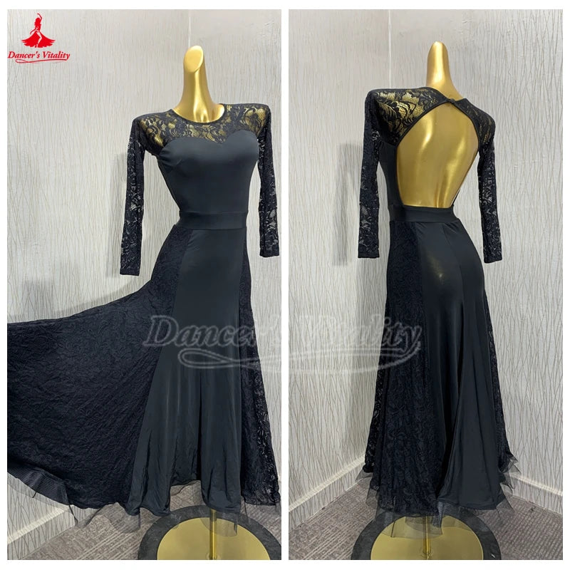 Women's Ballroom Practice Dress Long Sleeve Full Skirt With Built-In Bra Pads For Waltz, Foxtrot, Tango