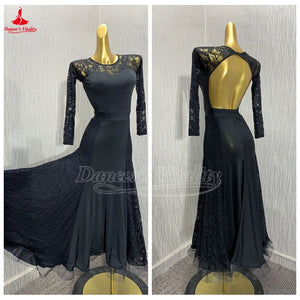 Women's Ballroom Practice Dress Long Sleeve Full Skirt With Built-In Bra Pads For Waltz, Foxtrot, Tango