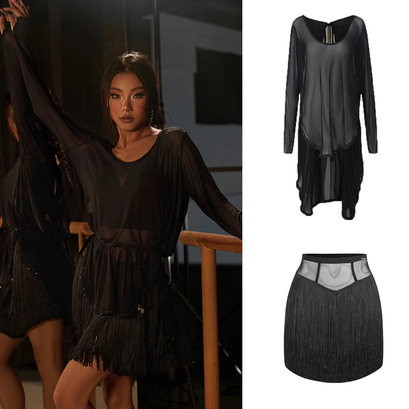 Women's Black Mesh Long Sleeve Latin Dance Dress with Fringe Skirt