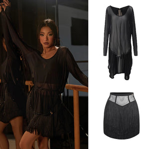 Women's Black Mesh Long Sleeve Latin Dance Dress with Fringe Skirt
