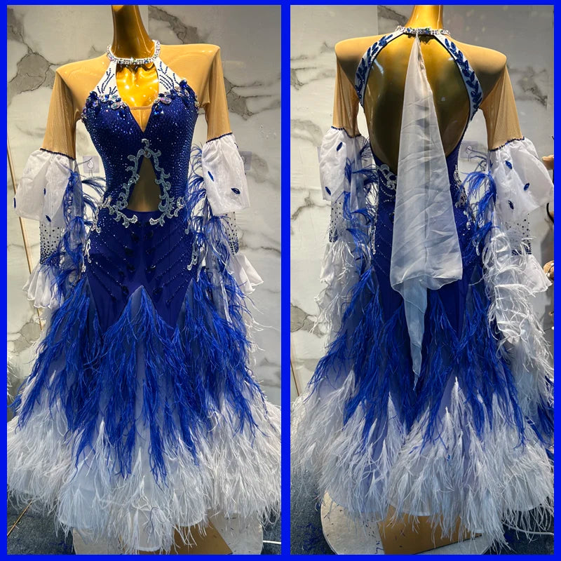 Ballroom Dance Dress Women's Blue & White Feather Sequin Rhinestone Halter Neck Standard Smooth Gown