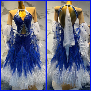 Ballroom Dance Dress Women's Blue & White Feather Sequin Rhinestone Halter Neck Standard Smooth Gown
