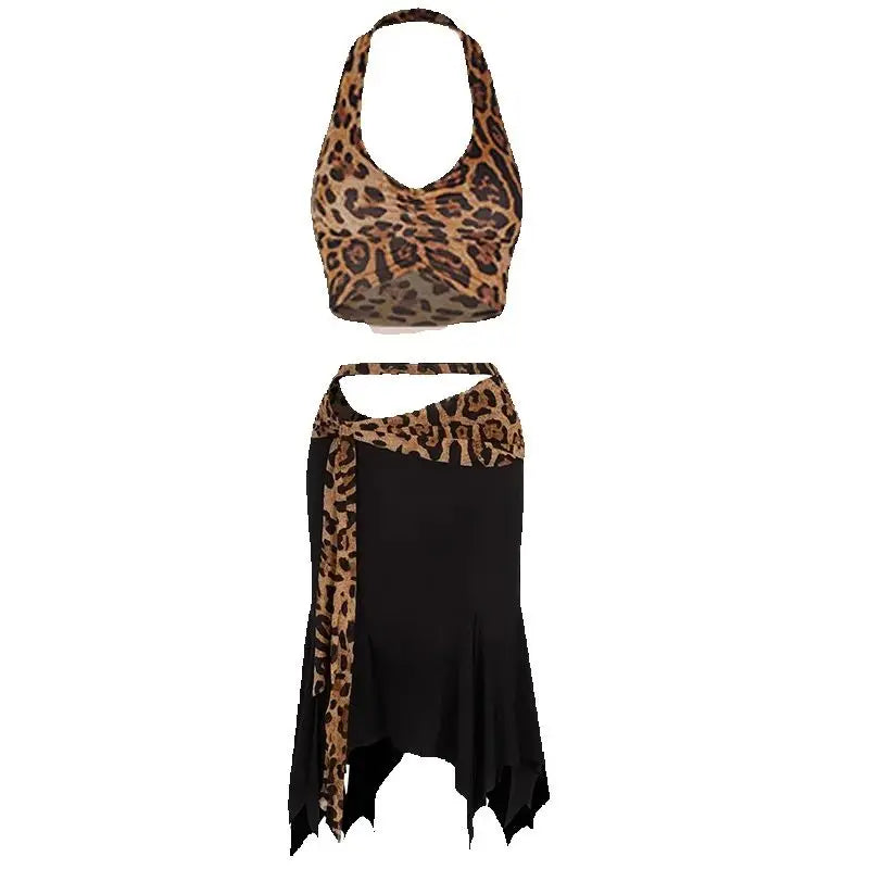 Women's Black & Leopard Print Halter Crop Top & Asymmetrical Skirt Latin Dancewear Set, Ruched V-Neck, Tie-Waist