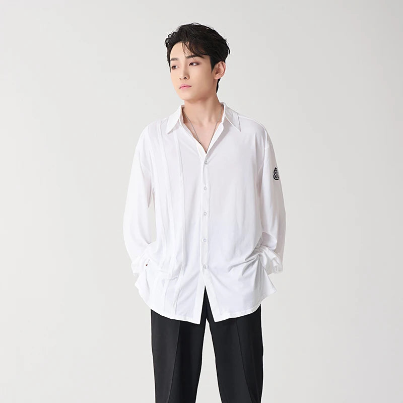 Men's Black & White Long Sleeve Button-Up Dance Shirts with Logo, Black Trousers, and Black Dance Shoes - Ballroom/Latin