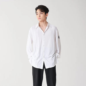 Men's Black & White Long Sleeve Button-Up Dance Shirts with Logo, Black Trousers, and Black Dance Shoes - Ballroom/Latin