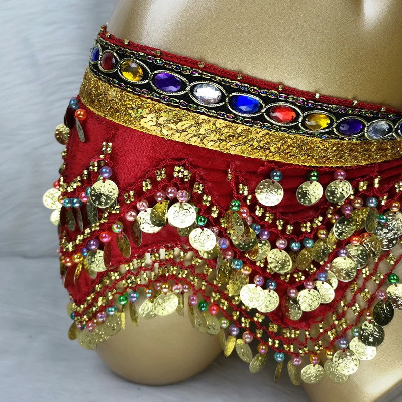 Belly Dance Hip Scarf, Women's Blue Gold Coin & Jewel Embellished Chiffon Waist Wrap, Tribal Fusion Bellydance