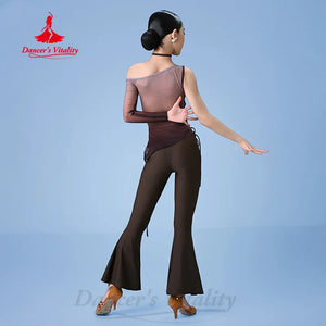 Girls' Ombre One-Shoulder Mesh Latin Dance Top and Flared Pants Set - Brown/Beige, Ruched, Long Sleeve