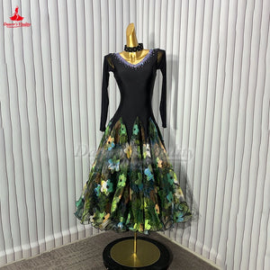 Women's Black Multi-Color Floral Ballroom Dance Dress with Long Sleeves and V-Neck Rhinestone Detail