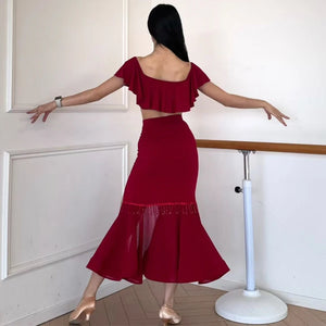 Women's Black and Red Off-Shoulder Ruffle Crop Top and High Slit Ruffled Hem Latin Dance Skirt Set
