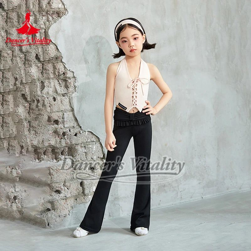 Girls' Pink Halter Crop Top and Grey Bell Bottom Dance Pants Set, Ruffled Waist, Lace-Up Front, Modern Dance