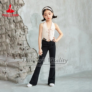 Girls' Pink Halter Crop Top and Grey Bell Bottom Dance Pants Set, Ruffled Waist, Lace-Up Front, Modern Dance