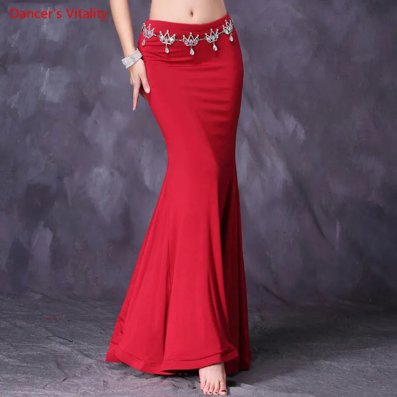 Belly Dance Skirt Women's Red Mermaid Maxi Skirt with Black Stone Belt for Performance