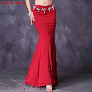Belly Dance Skirt Women's Red Mermaid Maxi Skirt with Black Stone Belt for Performance