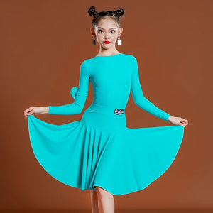 Girls Latin Dance Dress, Long Sleeve, Pleated Skirt, Ballroom Performance Costume