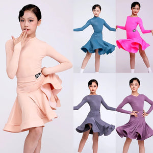 Girls' Latin Dance Dress, Long Sleeve, High Neck, Ruffled Skirt, Performance Leotard
