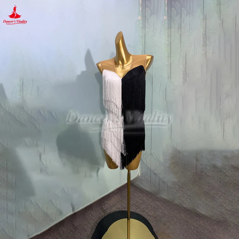 Latin Ballroom Dance Competition Dress With Tassel Fringe Black Or White For Cha Cha, Samba, Rumba, Jive