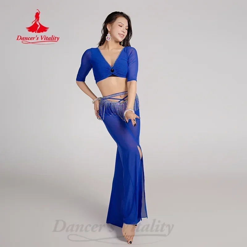 Women's Belly Dance Two-Piece Costume Set With V-Neck Top And Rhinestone Tassel Pants For Practice