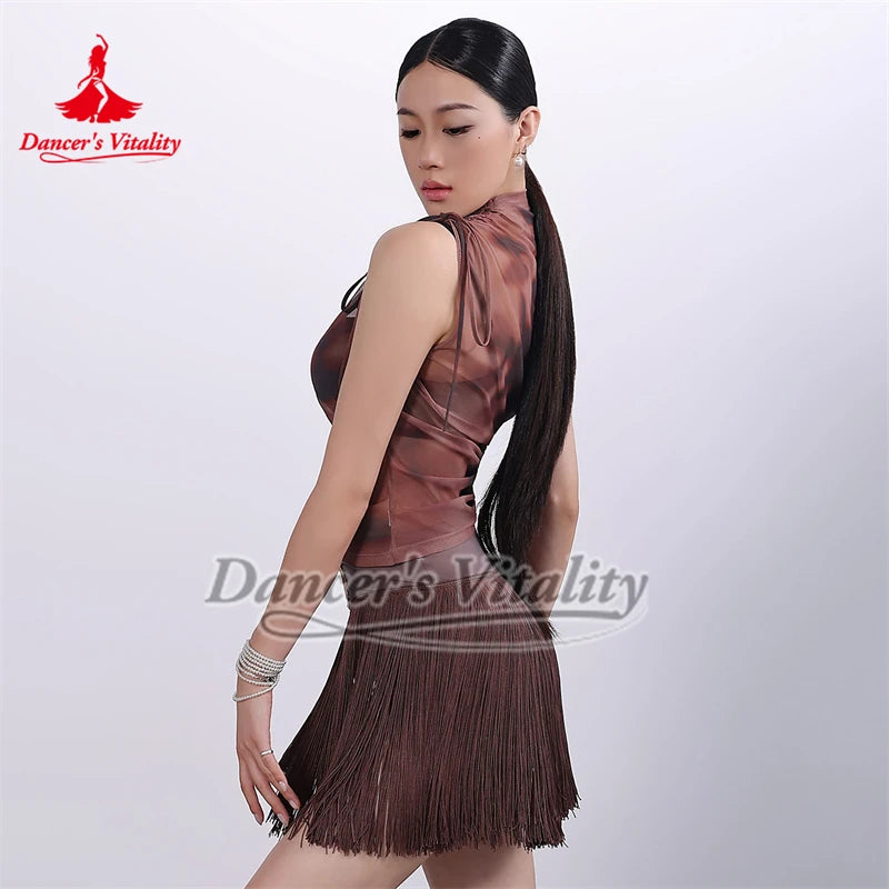Women's Brown Mesh Sleeveless Tie-Side Fringe Skirt Latin Dancewear Set