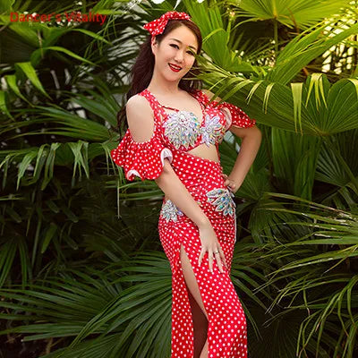 Women's Red Polka Dot Sequin Belly Dance Costume Set with Slit Skirt