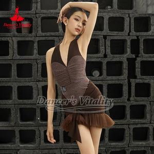 Women's Brown Shimmer Halterneck Ruched Latin Dance Dress with Tulle Ruffle Skirt