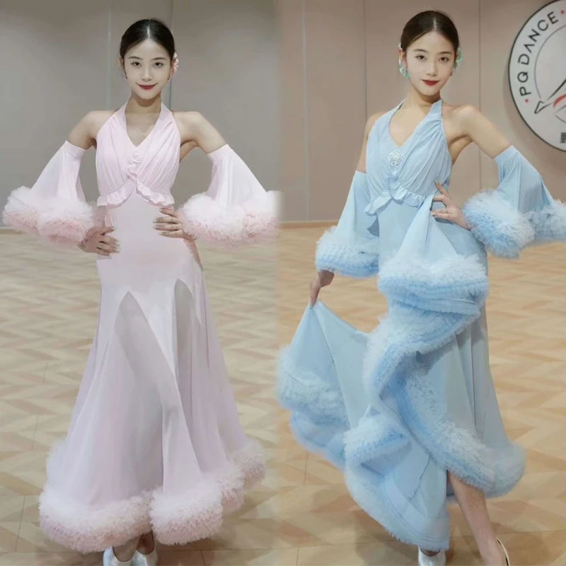 Women's Pink and Blue Halter Neck Ruffle Trim Ballroom Dance Dress