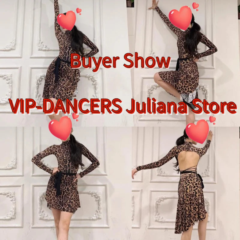 Women's Leopard Print Long Sleeve High Neck Latin Dance Dress with Black Tie-Waist, Asymmetrical Hem