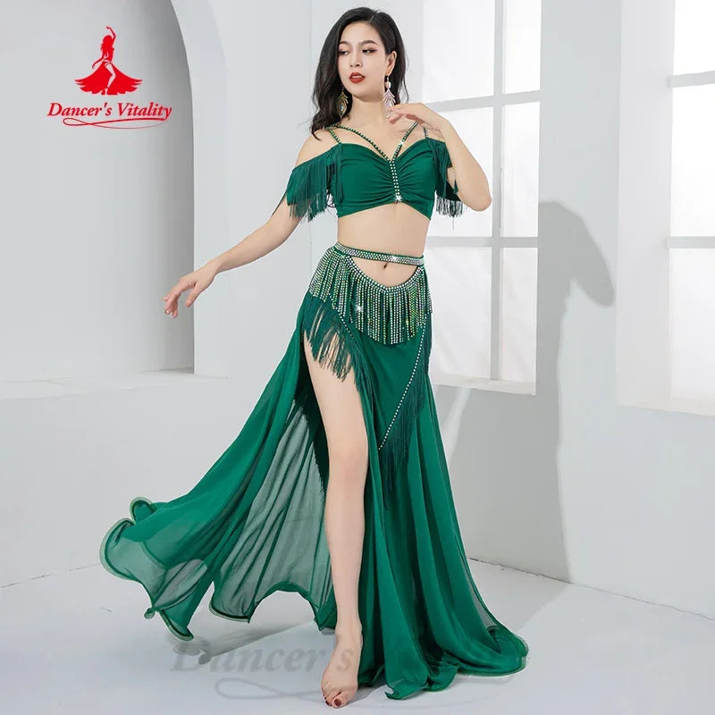 Belly Dance Costume Womens Red Chiffon Fringe & Rhinestone Off-Shoulder Crop Top & High-Slit Maxi Skirt Set