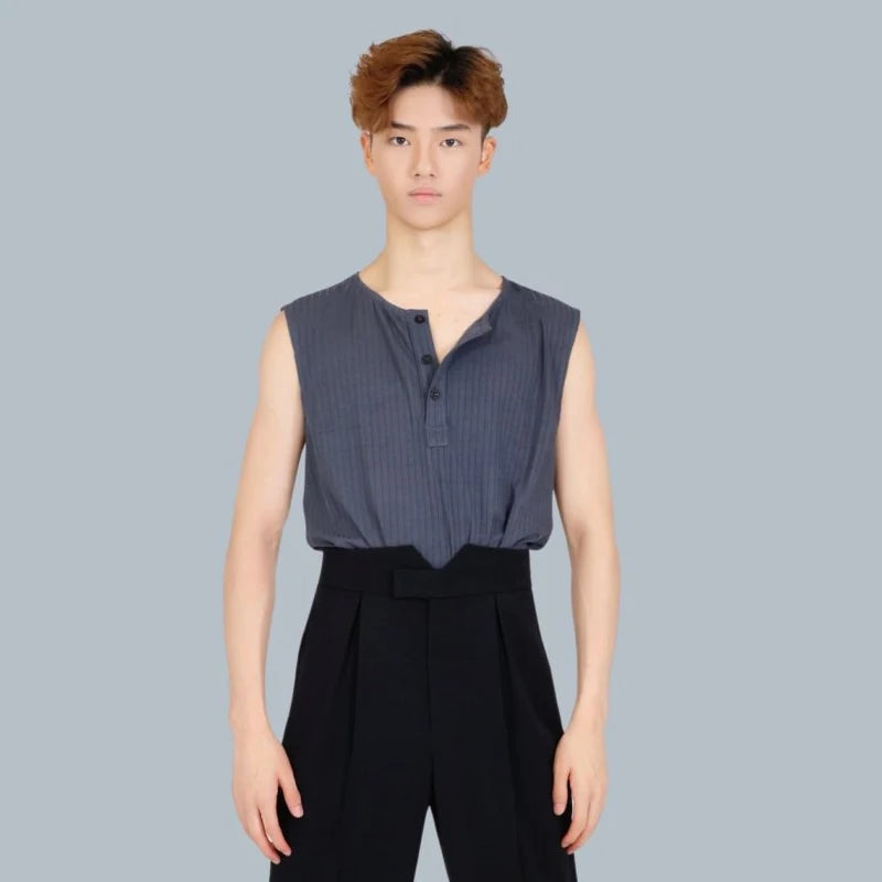 Men's Gray & Navy Ribbed Sleeveless Henley Dance Top with High-Waisted Black Pants, Modern Lyrical Ballet Contemporary Dancewear