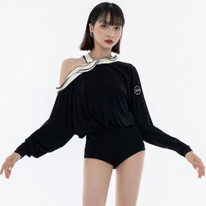 Women's Black & White Off-Shoulder Ruffle Rose Ballroom Dance Dress