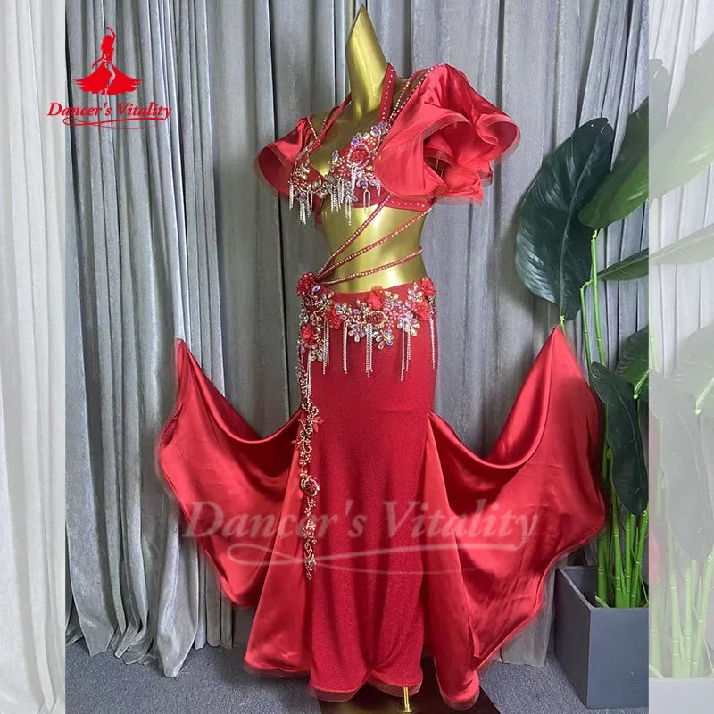 Belly Dance Costume Set With AB Rhinestone Bra Top & Tassel Fishtail Long Skirt For Kids & Adults Performance