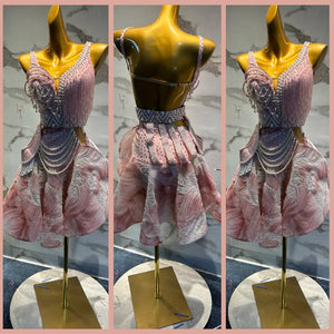 Women's Pink Beaded Fringe Ruffle Latin Rhythm Dance Dress