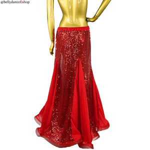 Belly Dance Women's Red Sequin Slit Skirt Chiffon Long Skirt with Elastic Waistband