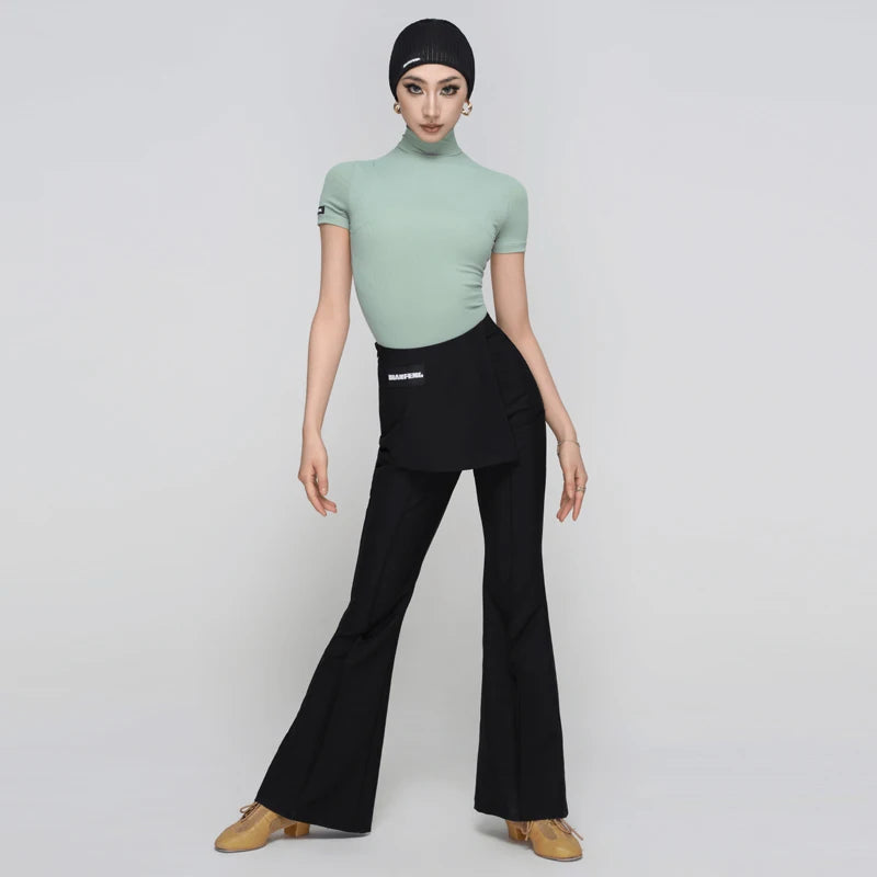 Women's White, Light Green, Black, and Gray Short Sleeve Mock Neck Dance Top with Flared Dance Pants