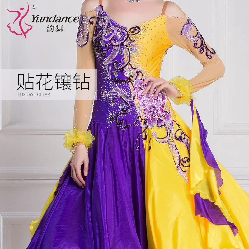 Women's Ballroom Dance Dress With Mosaic Applique And Pearl Details Silk Yellow And Purple For Competition