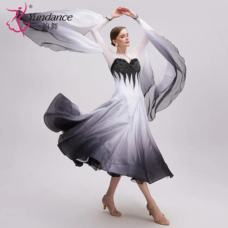 Ballroom Dance Dress International Standard Silk Black White Ombre Pearl-Embellished For Women's Competition