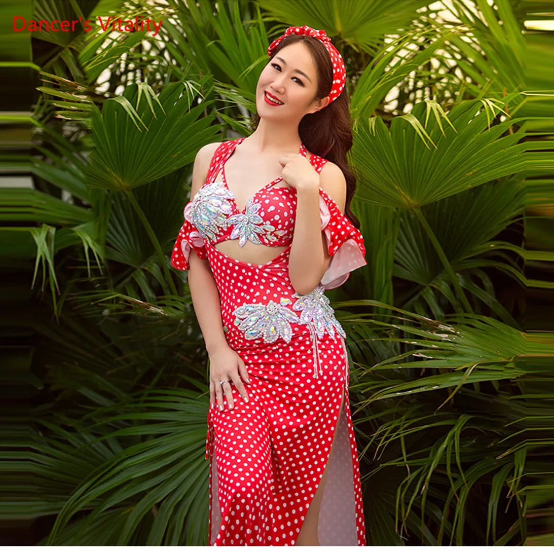 Women's Red Polka Dot Sequin Belly Dance Costume Set with Slit Skirt