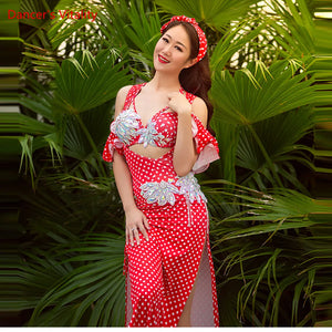 Women's Red Polka Dot Sequin Belly Dance Costume Set with Slit Skirt