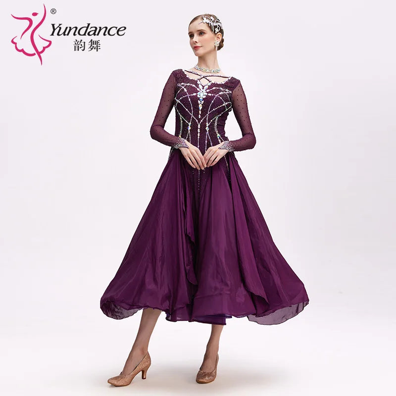 Women's Long Standard Ballroom Dance Dress With Rhinestones Satin Chiffon Purple For Performance