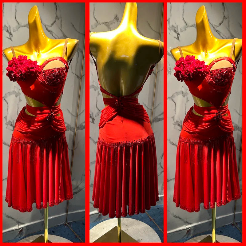 Women's Red Rhinestone Ruffled Latin Dance Dress with Floral Appliqués