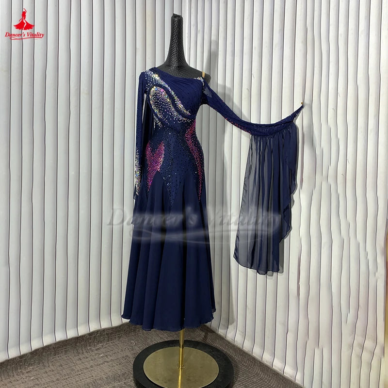 Women's Navy Blue Crystal Embellished Long Sleeve Open Back Ballroom Dance Dress