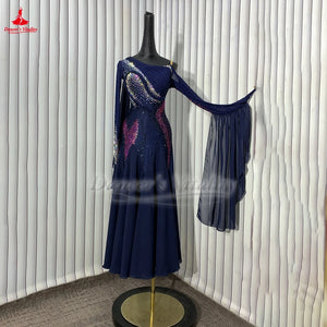 Women's Navy Blue Crystal Embellished Long Sleeve Open Back Ballroom Dance Dress