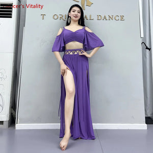 Belly Dance Costume Women Purple V-Neck Off-Shoulder Crop Top and Slit Skirt Set with Rhinestone Detail