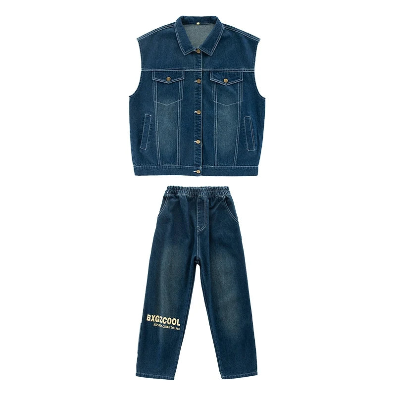 Kids' Unisex Blue Denim Hip Hop Dance Outfit with Vest, White T-Shirt, and Loose-Fit Pants