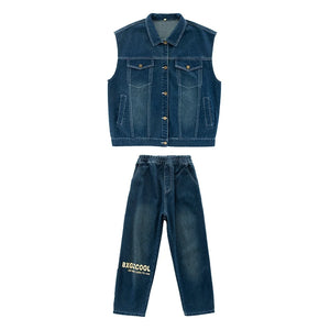 Kids' Unisex Blue Denim Hip Hop Dance Outfit with Vest, White T-Shirt, and Loose-Fit Pants