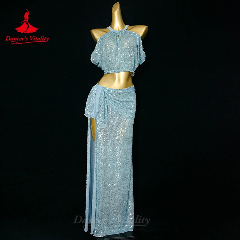 Belly Dance Costume, Women's, Lavender Sequin Halter Crop Top and Draped Slit Maxi Skirt, Performance Wear
