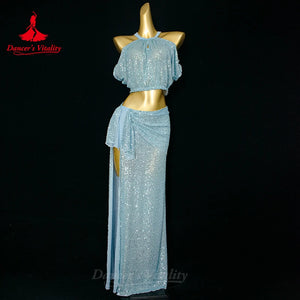 Belly Dance Costume, Women's, Lavender Sequin Halter Crop Top and Draped Slit Maxi Skirt, Performance Wear