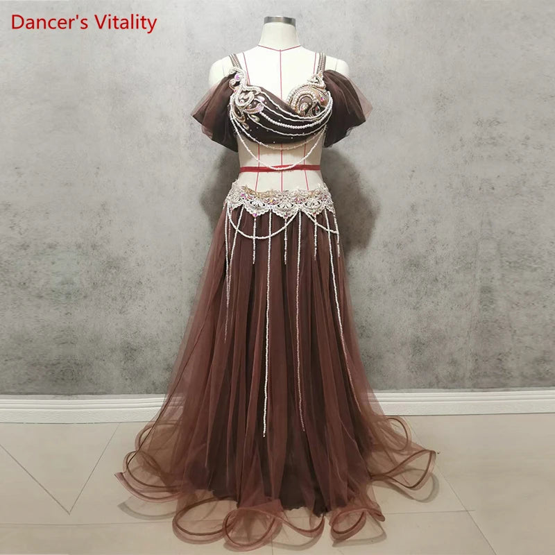 Belly Dance Costume Women's Lavender Chiffon Off-Shoulder Top with Embellished Bra & Long Skirt Set for Performance