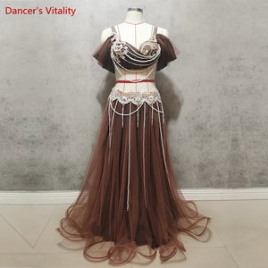 Belly Dance Costume Women's Lavender Chiffon Off-Shoulder Top with Embellished Bra & Long Skirt Set for Performance